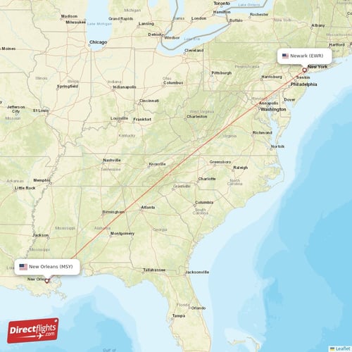 New Orleans - New York direct flight map