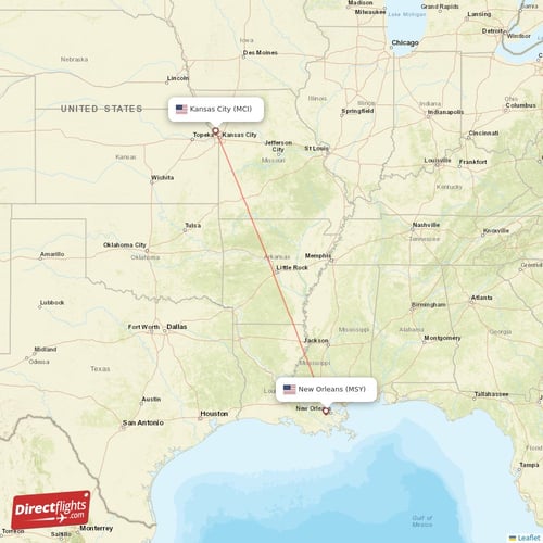 New Orleans - Kansas City direct flight map