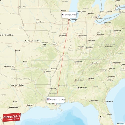 New Orleans - Chicago direct flight map