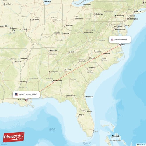 New Orleans - Norfolk direct flight map