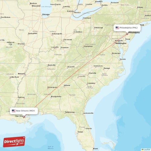 New Orleans - Philadelphia direct flight map
