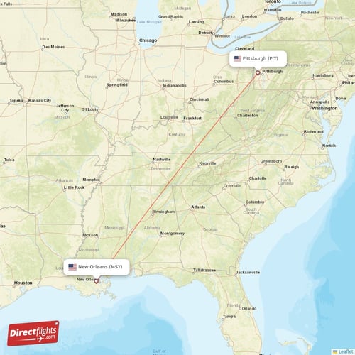 New Orleans - Pittsburgh direct flight map