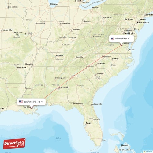 New Orleans - Richmond direct flight map