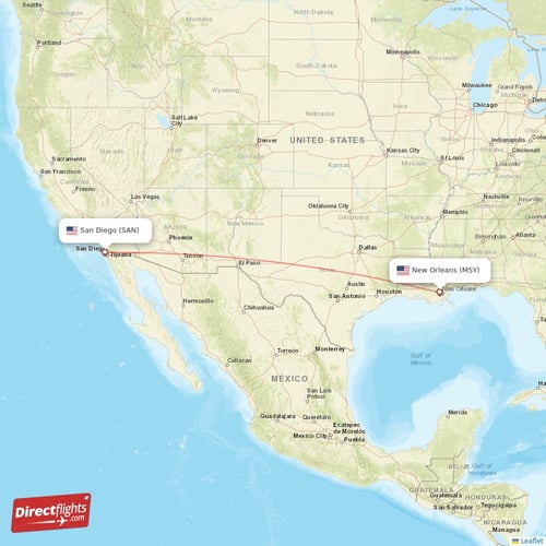 New Orleans - San Diego direct flight map