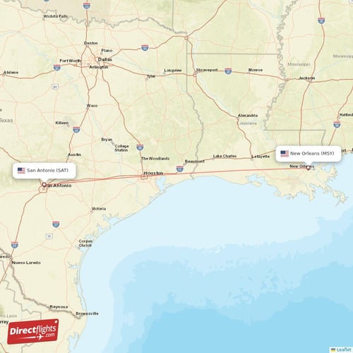 New Orleans - San Antonio direct flight map
