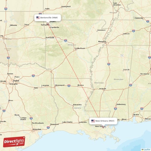 New Orleans - Bentonville direct flight map