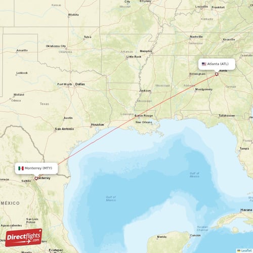Monterrey - Atlanta direct flight map