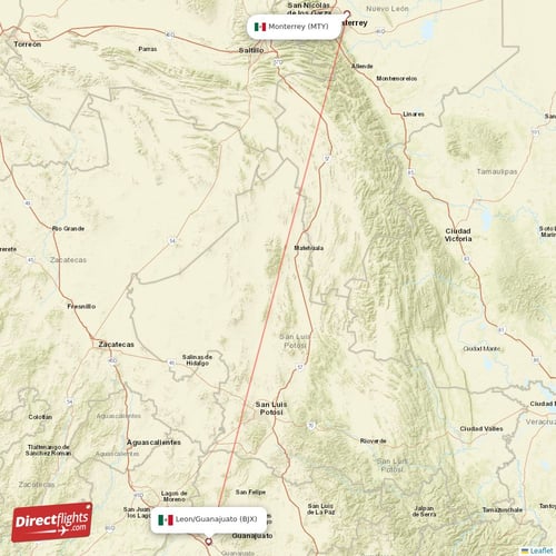 Monterrey - Leon/Guanajuato direct flight map