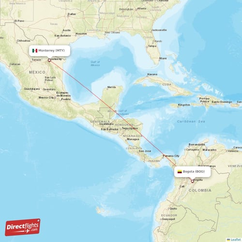 Monterrey - Bogota direct flight map