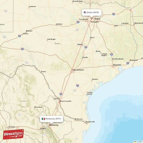 Monterrey - Dallas direct flight map