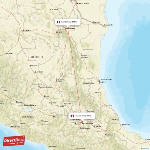 Monterrey - Mexico City direct flight map