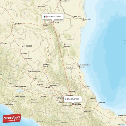 Monterrey - Puebla direct flight map