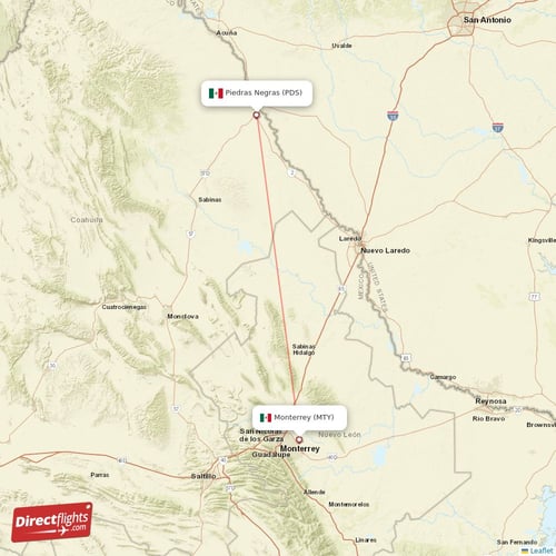 Monterrey - Piedras Negras direct flight map