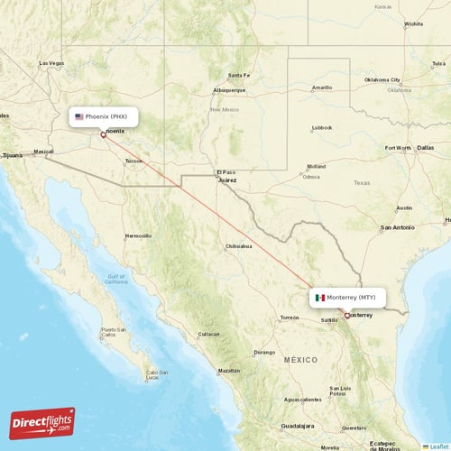 Monterrey - Phoenix direct flight map