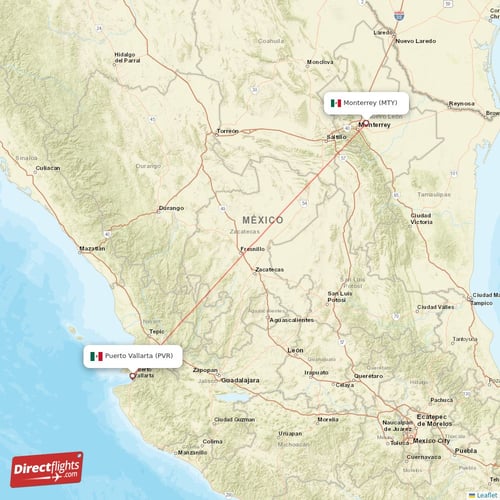 Monterrey - Puerto Vallarta direct flight map