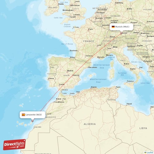 Munich - Lanzarote direct flight map