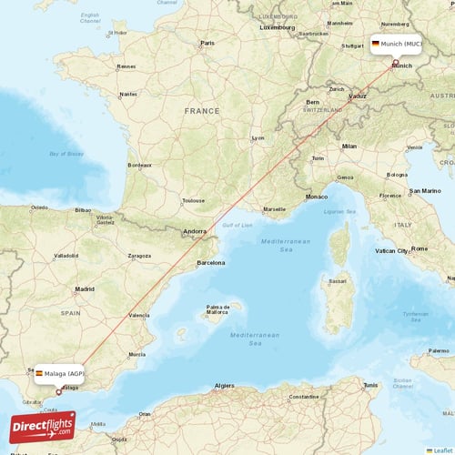 Munich - Malaga direct flight map