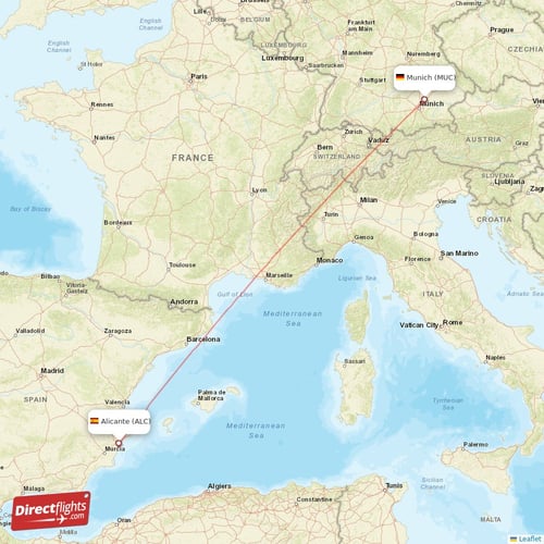 Munich - Alicante direct flight map