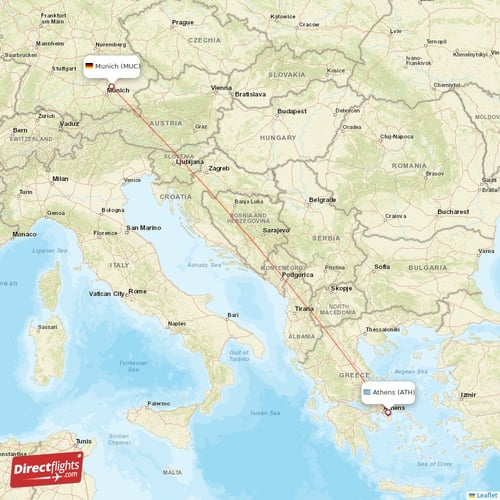 Munich - Athens direct flight map