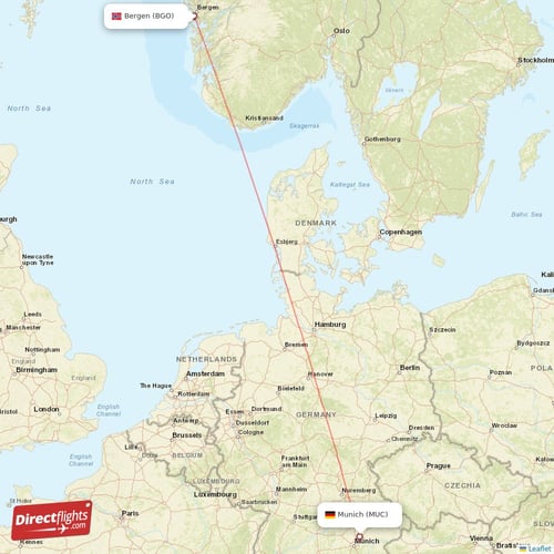 Munich - Bergen direct flight map