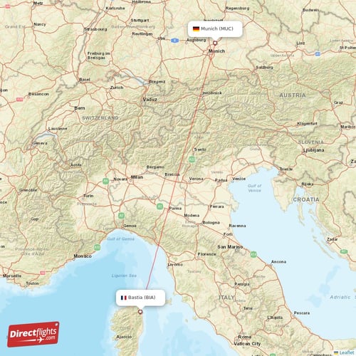 Munich - Bastia direct flight map