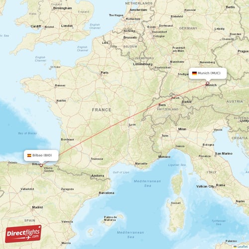 Munich - Bilbao direct flight map