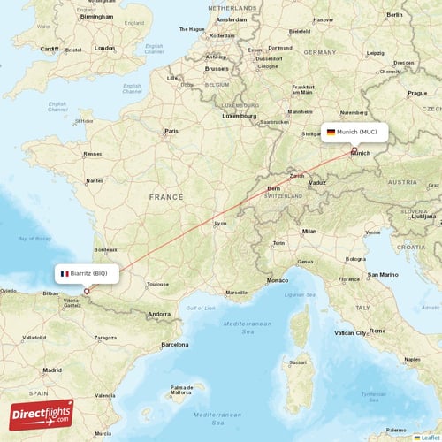 Munich - Biarritz direct flight map