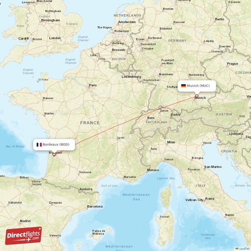 Munich - Bordeaux direct flight map