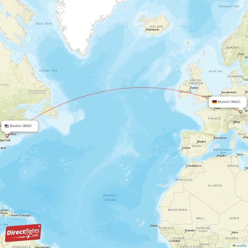 Munich - Boston direct flight map