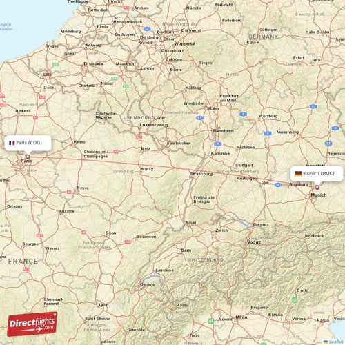Munich - Paris direct flight map