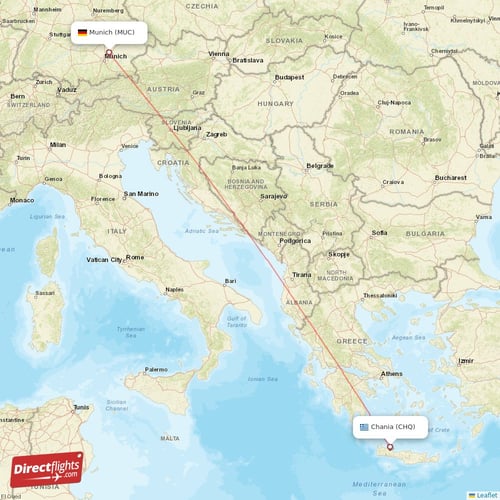 Munich - Chania direct flight map