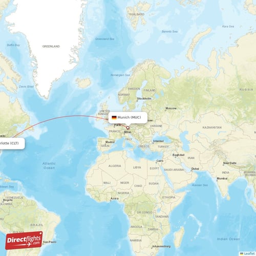 Munich - Charlotte direct flight map