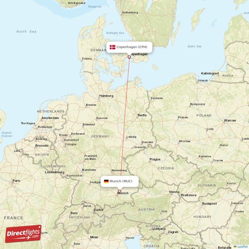 Munich - Copenhagen direct flight map