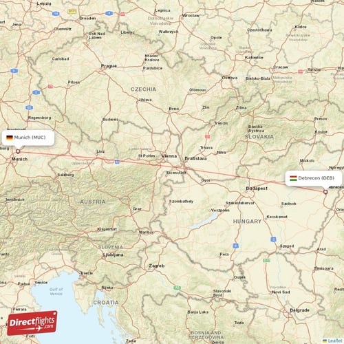 Munich - Debrecen direct flight map