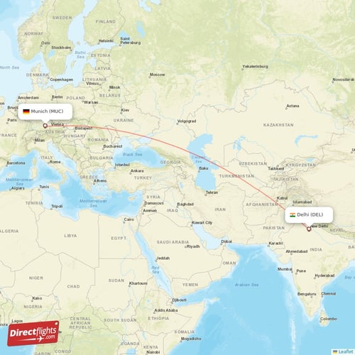 Munich - Delhi direct flight map
