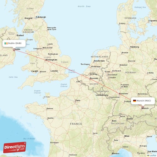 Munich - Dublin direct flight map