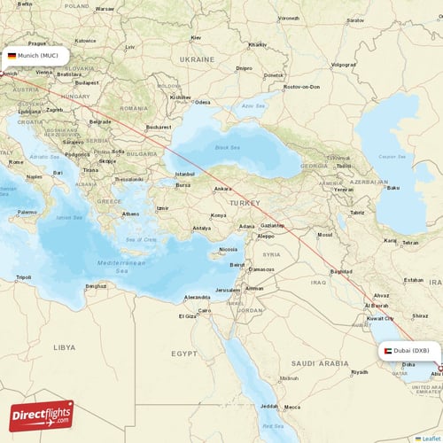 Munich - Dubai direct flight map