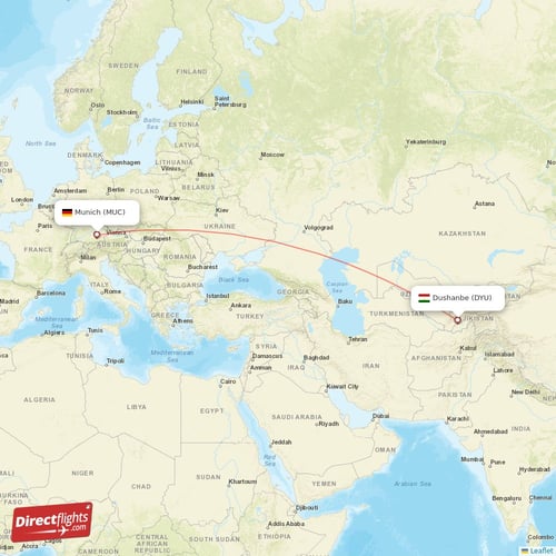 Munich - Dushanbe direct flight map