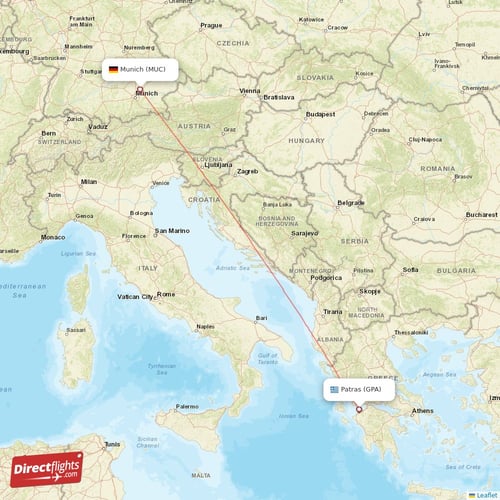 Munich - Patras direct flight map