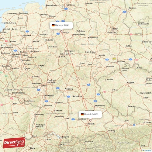 Munich - Hanover direct flight map