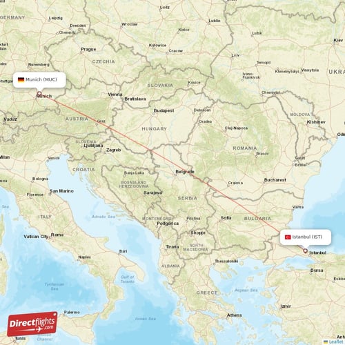 Munich - Istanbul direct flight map