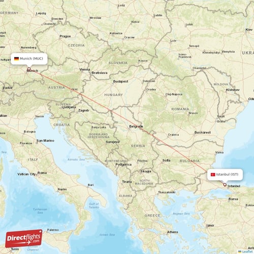 Munich - Istanbul direct flight map