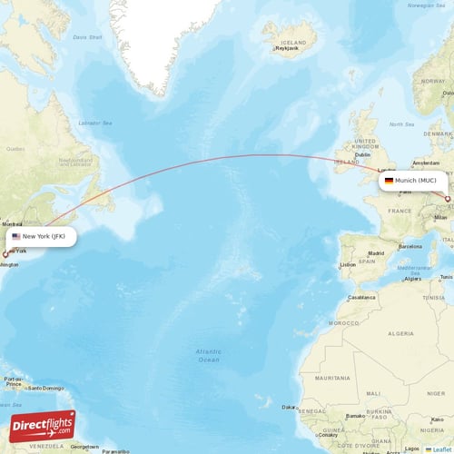 Munich - New York direct flight map