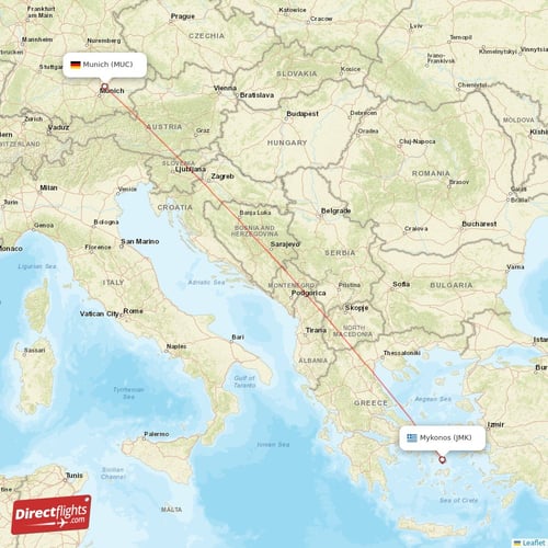 Munich - Mykonos direct flight map