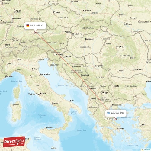 Munich - Skiathos direct flight map