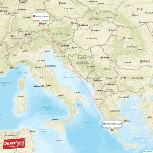 Munich - Kalamata direct flight map