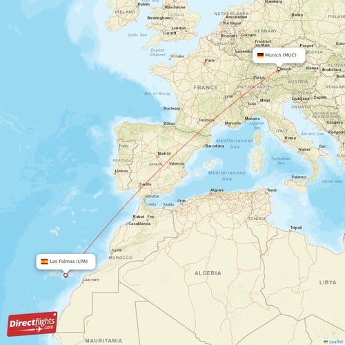 Munich - Las Palmas direct flight map