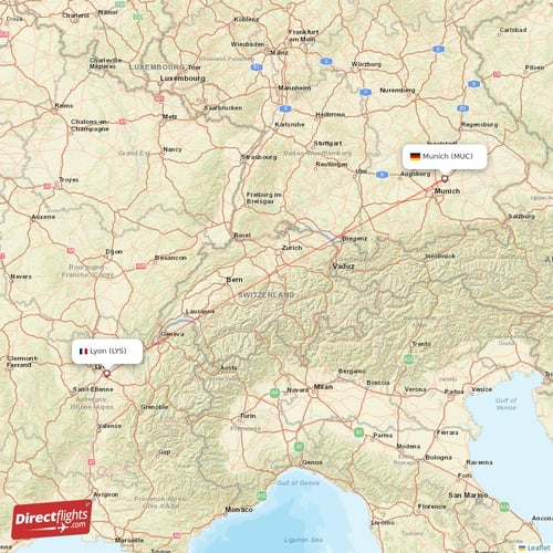 Munich - Lyon direct flight map