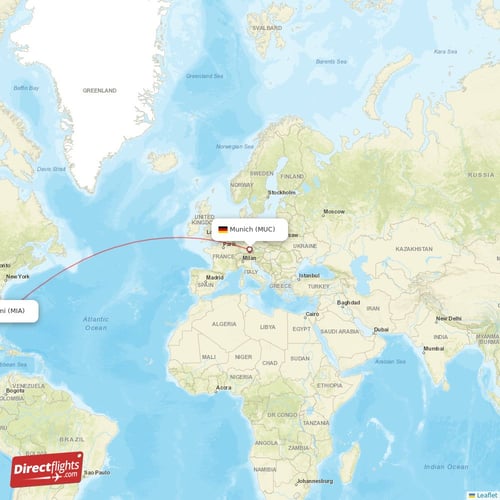 Munich - Miami direct flight map