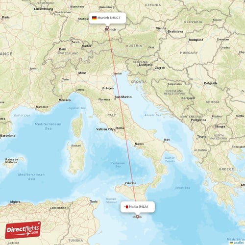 Munich - Malta direct flight map